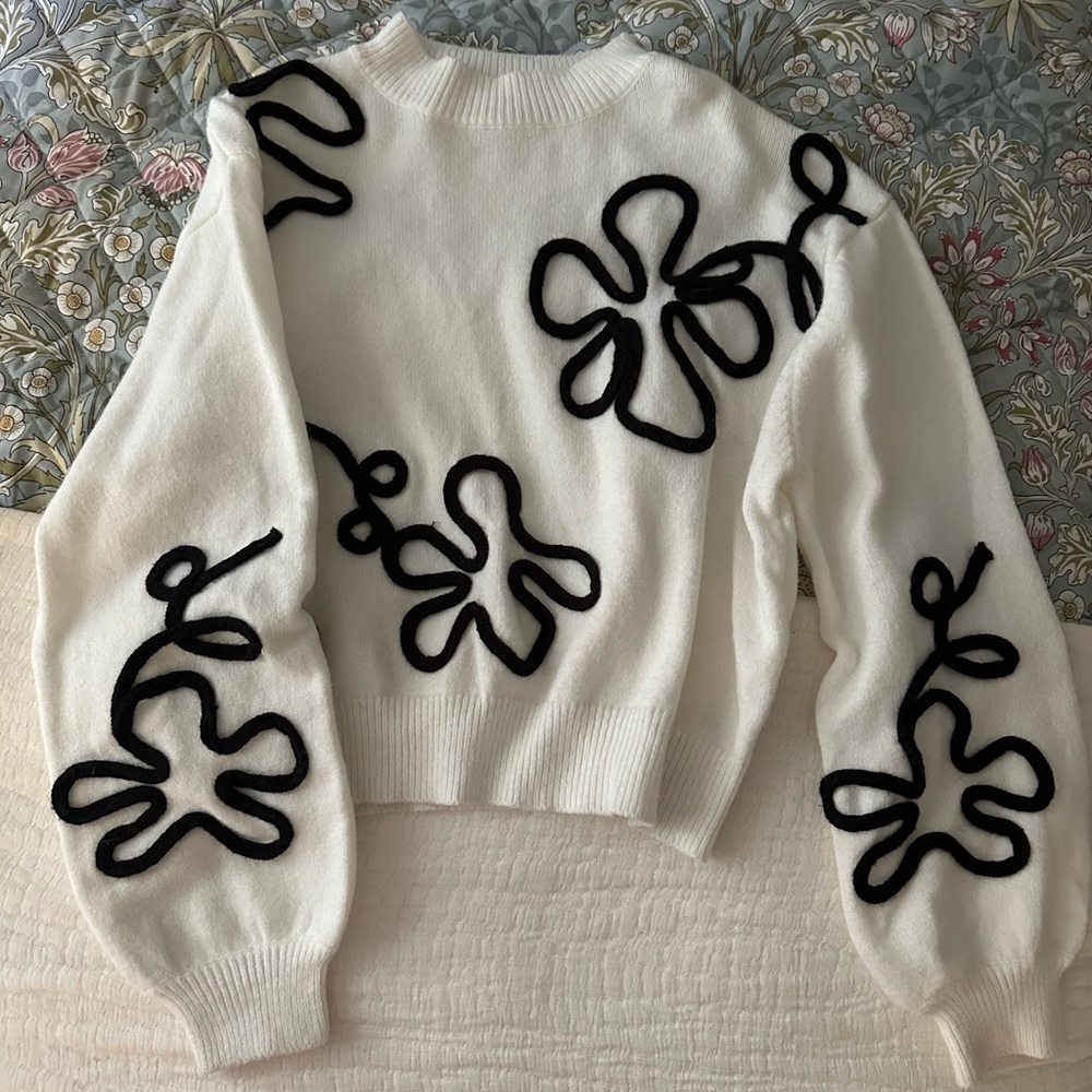 Women's White Sweater with Black Floral Design